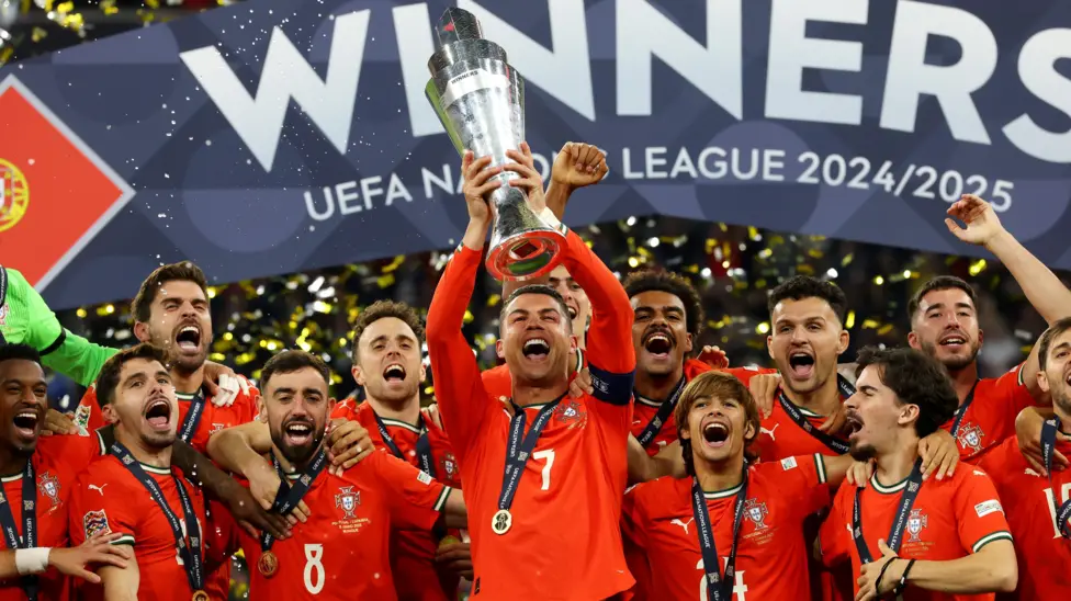 Portugal team lifting the UEFA nations league 2025 trophy